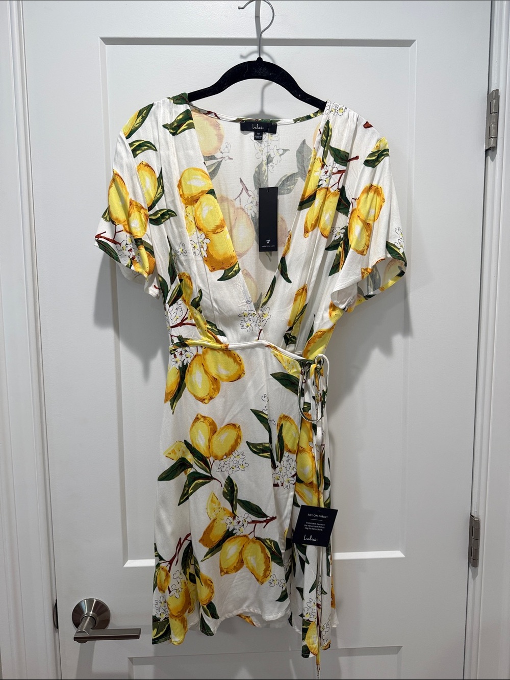 Lulu's White Lemon-Print Wrap Mini Dress with Yellow & Green Accents